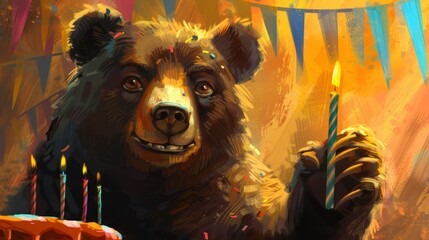 Fototapeta premium A painting of a brown bear holding a birthday cake - one hand supporting the cake, the other hand holding a lit candle, both candles lit