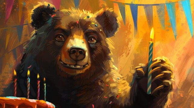   A painting of a brown bear holding a birthday cake - one hand supporting the cake, the other hand holding a lit candle, both candles lit