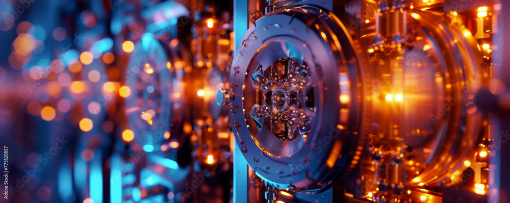 Aufkleber side view of quantum computer core with precision-engineered parts, blue and orange illuminated deta