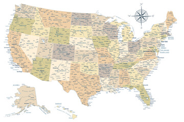 United States - Highly Detailed Vector Map of the USA. Ideally for the Print Posters. Pastel Vintage Colors. Retro Style - obrazy, fototapety, plakaty