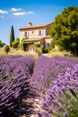 Beautiful landscape of blooming lavender field with old stone house on the background