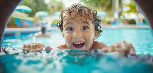 A child holding onto the pool's edge, grinning excitedly as they prepare to launch themselves into the water
