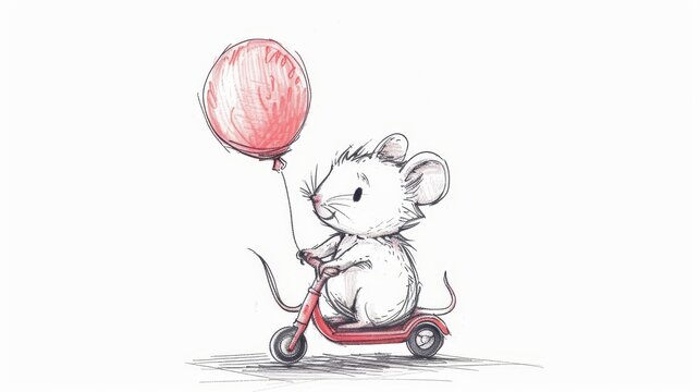   A mouse on a scooter holds a red balloon shape ..A sketch of a mouse propelled by a scooter, clutching a round balloon with