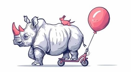   A rhino rides a tricycle, with a bird perched atop its head A balloon is tethered to the rhino's back - obrazy, fototapety, plakaty