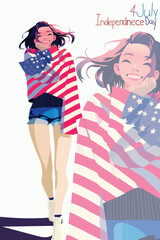 Independence Day ,banner, poster, A beautiful girl is wrapped in an American flag patterned blanket, smiling and standing on the street. The background features "4th of July "