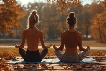 Two females practice yoga in park, autumn leaves blanket ground, matching ponytails, sunlight bathes scene. Yoga enthusiasts enjoy fall setting, golden foliage underfoot, similar hairdos - obrazy, fototapety, plakaty