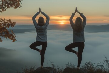 Duo in yoga poses atop a hill, saluting sunrise over sea of clouds, in perfect harmony with nature's grandeur. Pair perform tree pose during dawn, silhouetted against daybreak sky - Powered by Adobe