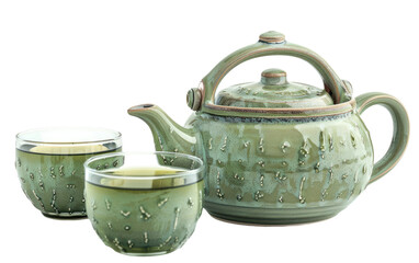Teapot Filled with Green Tea, Glasses Nearby isolated on transparent Background