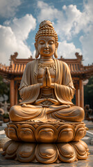 Buddha statue with temple in background