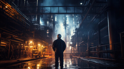 worker in industrial factory at night