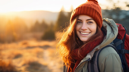 portrait of young woman smiling and hiking in nature