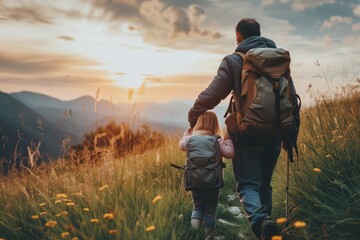 Man and child walking into sunset across meadow, golden light warms the scene, steps in nature's tranquility. Adult and young girl stride toward dusk's glow, field around them bathed in evening - obrazy, fototapety, plakaty