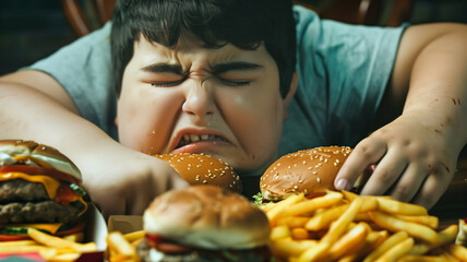 An extreme obese teenager eating junk fast food and living a sedentary life with bad health habits