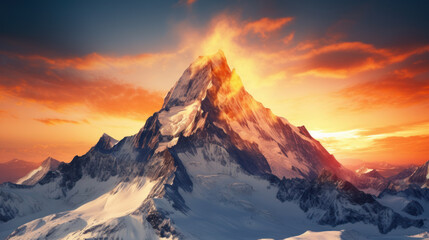alpine mountain peak with snow at sunset