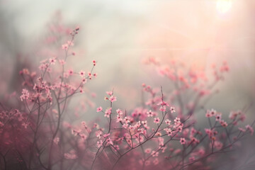 Small pink flowers background on sun. Abstract background. Creative spring concept.
