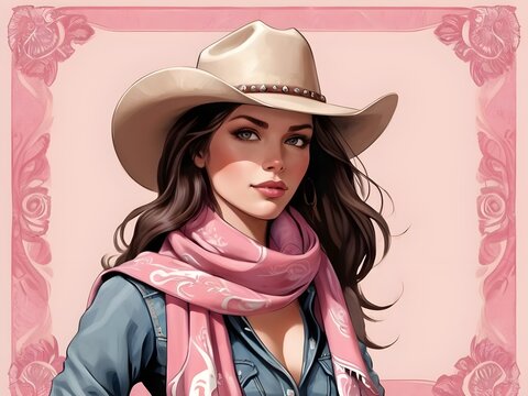Acquarella Pink Cowgirl Scarf Western Wild West Cowboy Desert Illustration