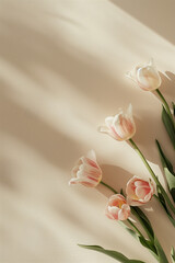 Bouquet of pink tulips on sunny beige background. Creative copy space. Minimal spring concept.