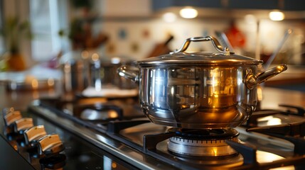 Close-Up of Stainless Steel Cooking Pot on Gas Stove - obrazy, fototapety, plakaty