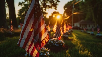 War veterans cemetery with flags of the United States with the sun in the background - obrazy, fototapety, plakaty