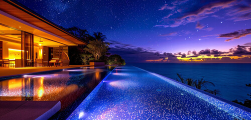 A lavish swimming pool with underwater lighting that casts a captivating glow against the backdrop of a starry night sky