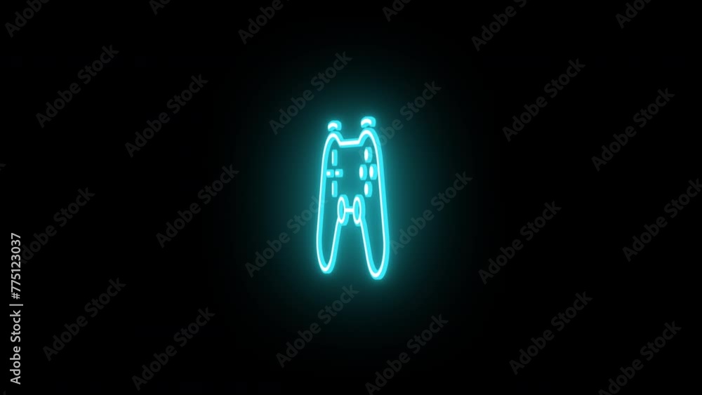 Poster neon gamepad sign animation, rotation around vertical axis. glowing neon 3d joystick icon, looped sp