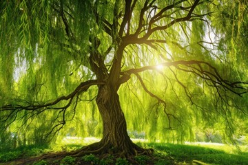 A majestic weeping willow tree with cascading branches - obrazy, fototapety, plakaty