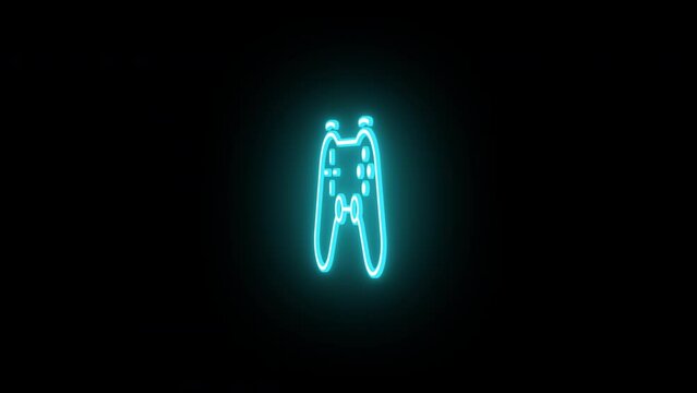 Neon gamepad sign animation, rotation around vertical axis. Glowing neon 3D joystick icon, looped spin. Game station controller, play console, joypad for videogames. Light blue, blue, violet colors