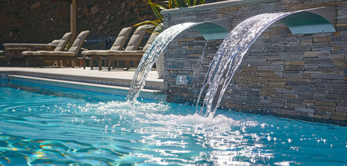 A modern pool design that includes a water element that drops over a stone wall and into the glistening blue water below