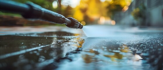 A professional cleaner utilizes a pressure washer to thoroughly clean a driveway. Concept Pressure Washing, Driveway Cleaning, Professional Cleaner, Exterior Maintenance, Cleaning Services - obrazy, fototapety, plakaty
