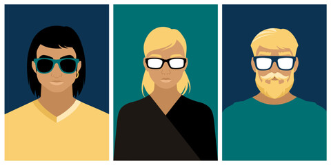 Modern youth wearing sunglasses. Three young men, boys and a girl in a stylized fashionable vector illustration.
