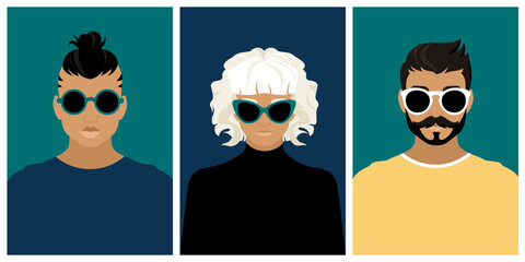 Vector set of male and female portraits. Men and a young woman in sunglasses. An illustration of fashionable, self-confident and stylish youth wearing glasses.