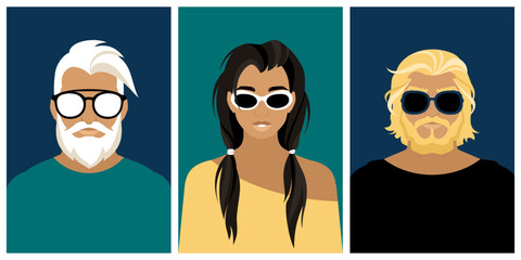 Vector set of male and female portraits. Bearded men and a young woman in sunglasses. An illustration of fashionable, self-confident and stylish youth wearing glasses.