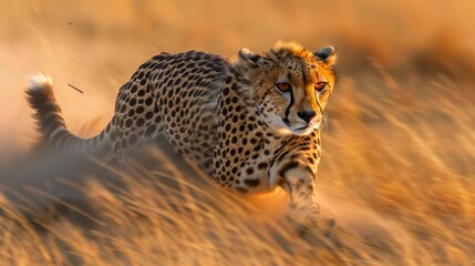 Cheetah running in masai mara with focused eyes, motion blur, warm light, and dust clouds. - obrazy, fototapety, plakaty