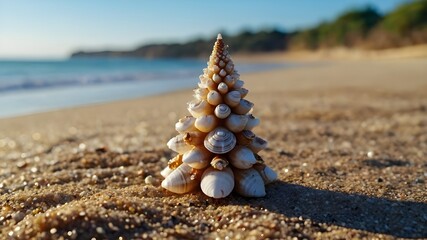 shell on the beach A tiny seashell Christmas tree with copy space situated on the shore. - obrazy, fototapety, plakaty