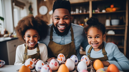 A cheerful dad is working with his children on decorating Easter eggs in his creative studio.