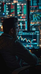 Man Contemplating Stock Market Data at Night