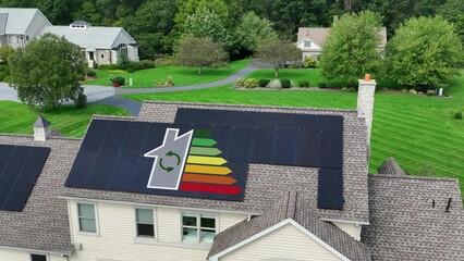 House with solar panels and energy rating graphic on roof. Large home in USA neighborhood with...