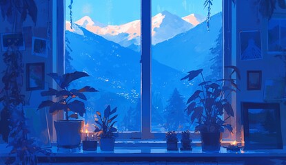 A window with a view of mountains, potted plants on the windowsill, and small lights in front of it. 