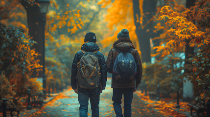 Back view of young couple with backpacks walking in autumnal park
