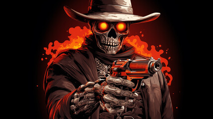 Naklejka na ściany i meble Cowboy man and Skull holding gun, Illustration