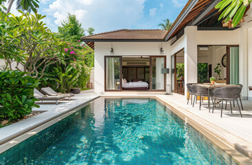 A luxurious two bedroom, one pool villa in Phuket with an open air dining area and lush greenery around the swimming pool