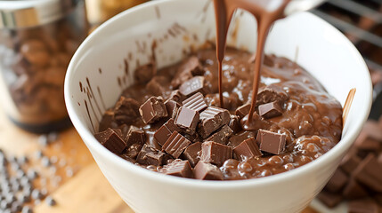 close up of chocolate in a bowl and chocolate shavings on wooden background