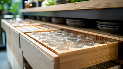 Close up of empty cupboard drawer in coffee shop, stock photo