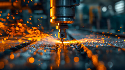 CNC milling machine cutting metal with sparks. Metalworking industry.