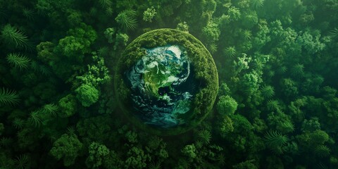 Aerial top view green forest with earth, Green planet in your hands, Save Earth, Texture of forest view from above ecosystem and healthy environment, hyper realistic,