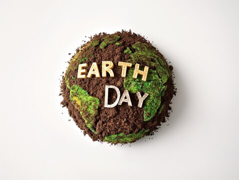 around the globe EARTH DAY written in soil, bird’s eye view, photo realistic, solid white background,