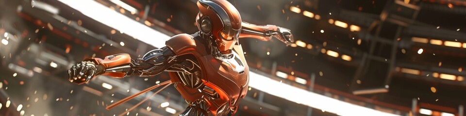 A cyborg warrior in a kung fu stance, with integrated weapons and armor, in a high-tech arena, symbolizing the fusion of tradition and future warfare