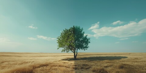 Climate change concept. contrast of green to dry and barren. a tree growing in the center of a dry vs green field