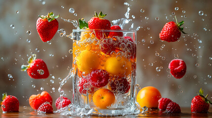 Fruit splashing into a glass of water on a brown background