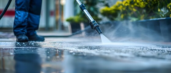Workers using pressure washer to deep clean driveway for professional cleaning service. Concept Pressure Washing, Driveway Cleaning, Professional Service, Outdoor Maintenance, Workers at Work - obrazy, fototapety, plakaty